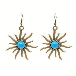 Boho Antique Gold Sun Turquoise Dangle Earrings